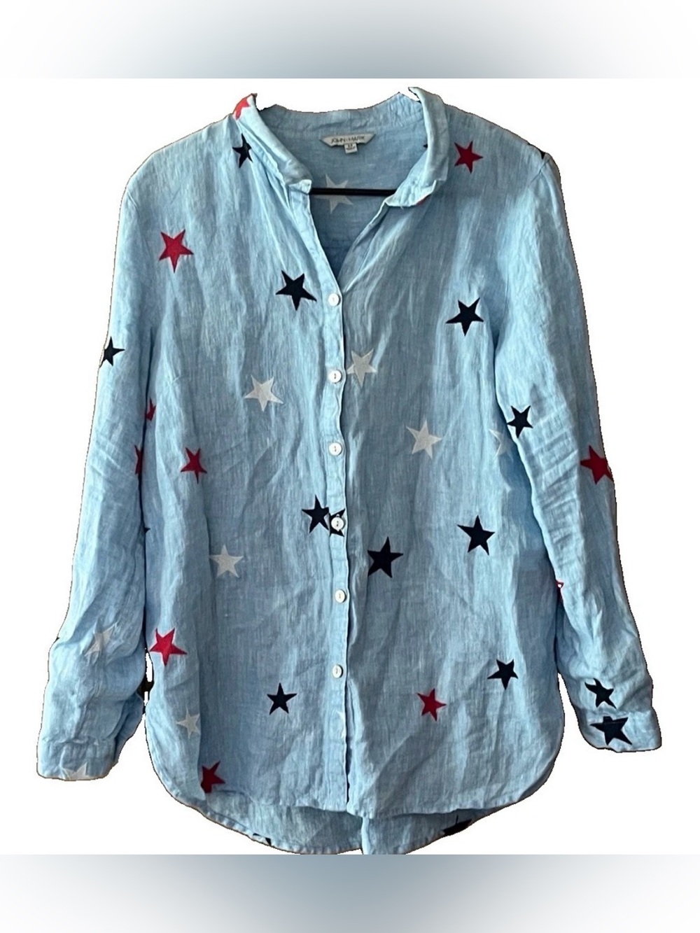 John Mark Medium Long Sleeve Blue Red Navy Star Embroidered Linen Chambray Top